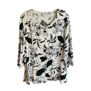 Hot Cotton Women's Black & White Floral Linen Button Front Tunic Blouse Size 2X